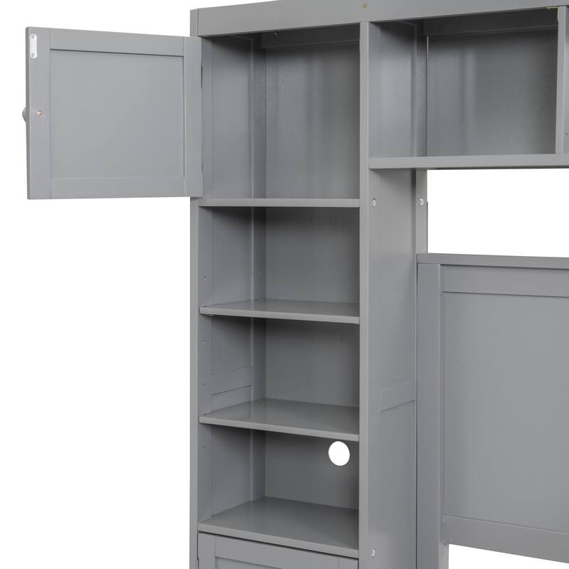 Wooden Bed with Integrated Cabinet and Shelves