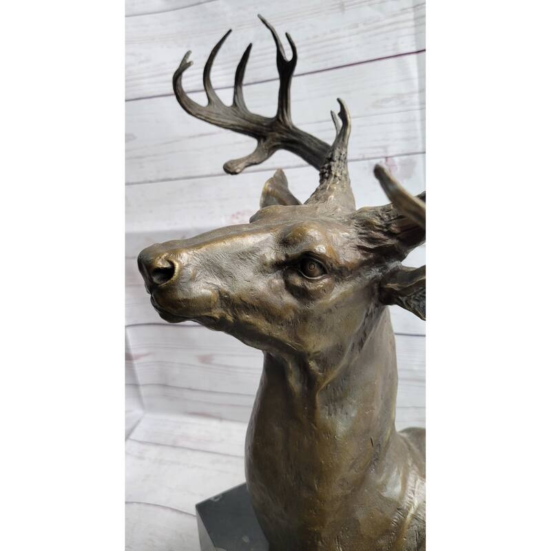 Elk Deer Reindeer Head Bronze Bust Sculpture Statue On Marble Base Lodge Cabin Decor