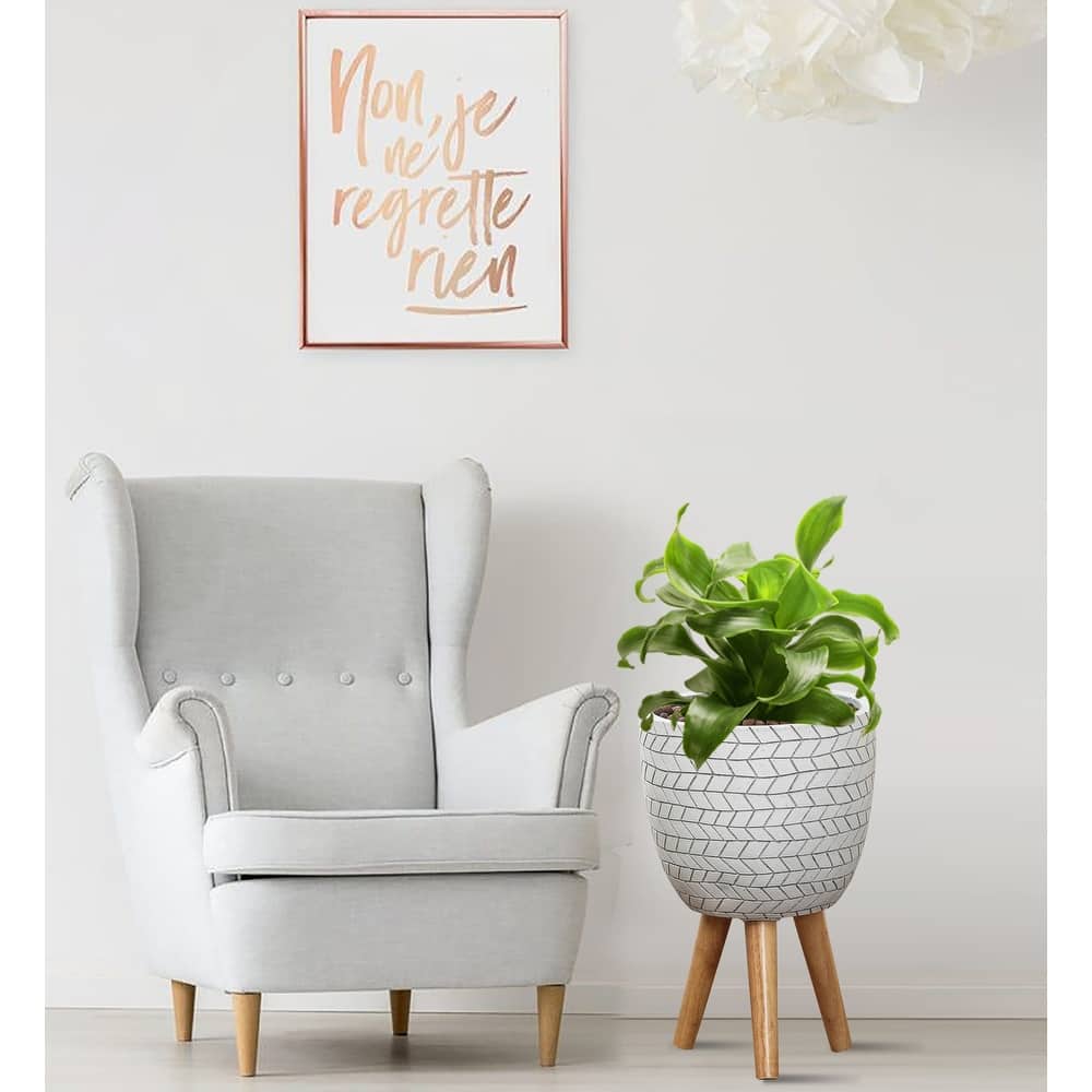 Cube Design White Round MgO Planter with Wood Legs