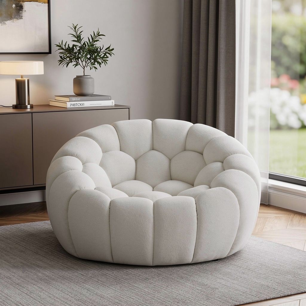 HomeRoots 49" White Tufted Boucle Curved Lounge Chair - 49.00 in. x 28.00 in. x 46.00 in.