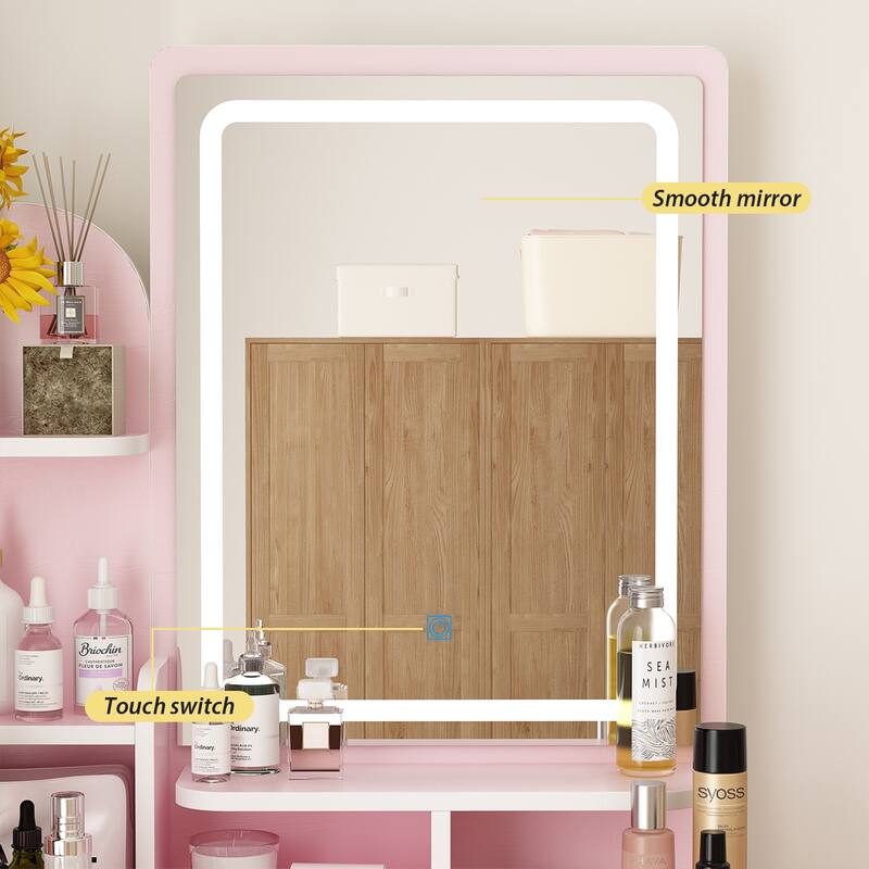 Makeup Vanity Set wi/Lighted Mirror, Storage Shelves and Drawers White - 31.5"L x 15.7"W x 55.1"H
