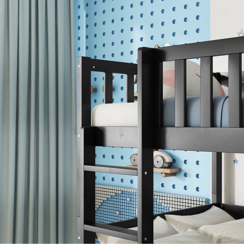 Twin Size Triple Bunk Bed, Wooden Triple Bed Frame with Safety Guardrails, Built-in Ladders, Convertible to Three Separate Beds