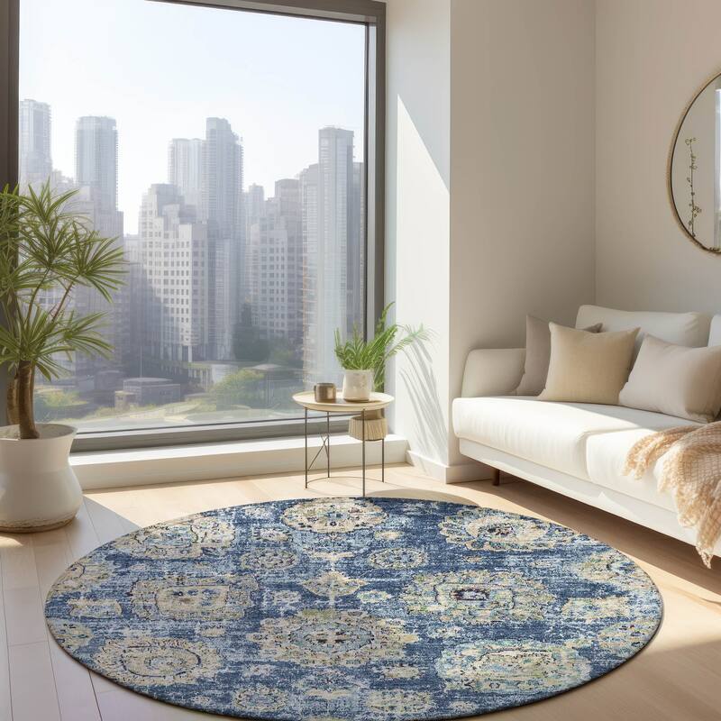 Machine Washable Indoor/ Outdoor Chantille Vintage Persian Rug - Blue - 8' x 8'