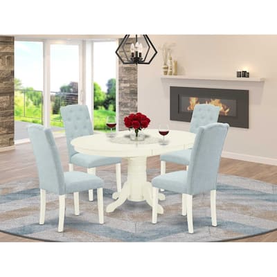 HomeStock 5-Piece Oval Linen White Finish Solid Wood Top Dining Table with 4-Parson Chair with Butterfly Leaf Lattice Back