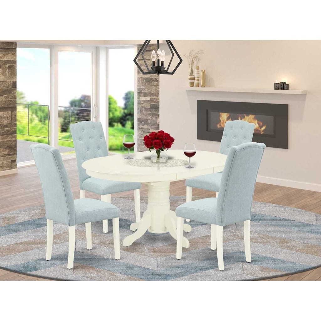 HomeStock 5-Piece Oval Linen White Finish Solid Wood Top Dining Table with 4-Parson Chair with Butterfly Leaf Lattice Back