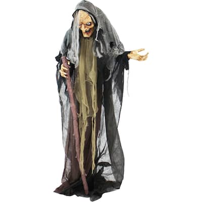 Haunted Hill Farm Life Size Animatronic Witch, Indoor/Outdoor Halloween Decoration, Eyes Light Up Red, Poseable