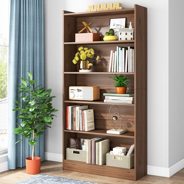 slide 2 of 7, 6-Tier Wood Bookcase, 72" Large Tall Bookshelf with Storage Shelves Brown