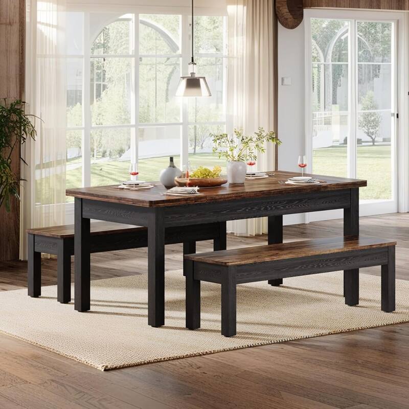 55-Inch Farmhouse Kitchen Table Set, Wood Dining Table with 2 Benches - Black&Brown