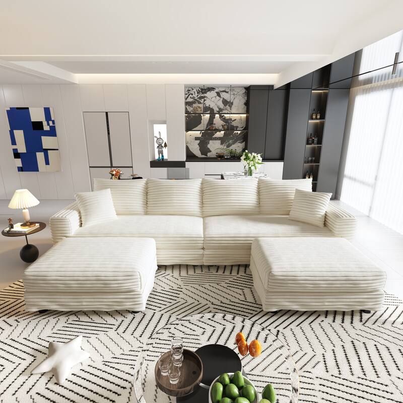 Modern Corduroy Upholstered Sectional Sofa for Living Room, Square Armrest Couch with 3 Ottomans, Convertible Lounge Chair