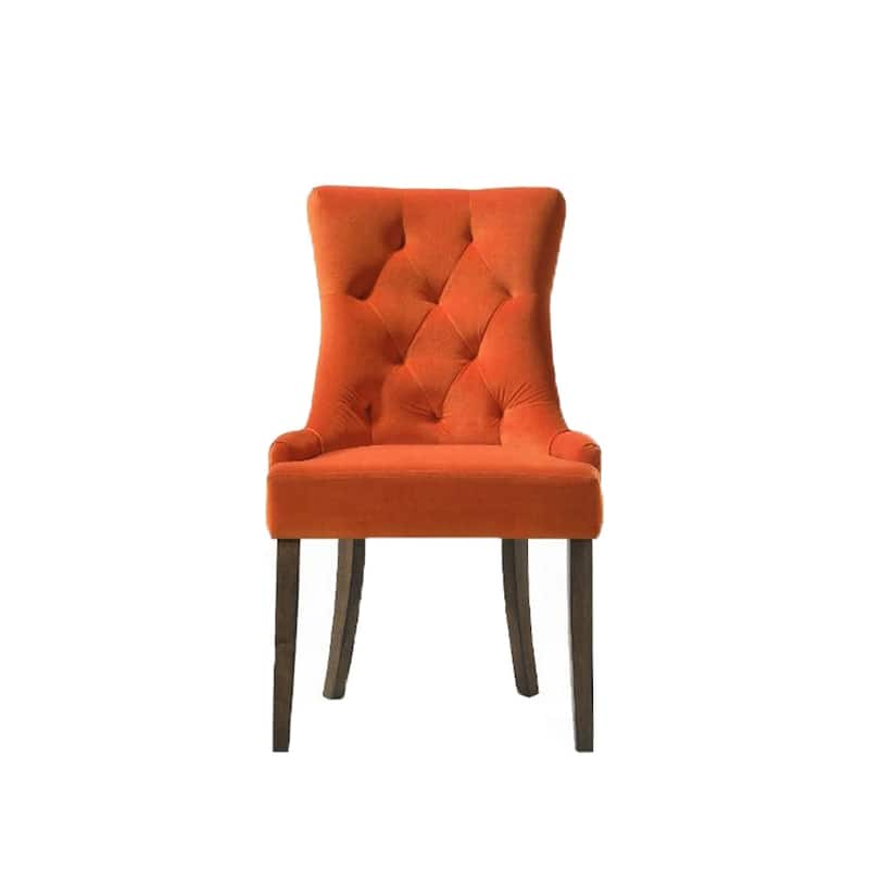 Set of 2 Velvet Upholstered Dining Chairs, Orange and Weathered Oak