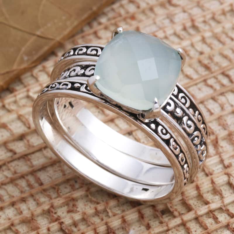 Novica Handmade Buddhas Curls In Aqua Chalcedony Cocktail Ring