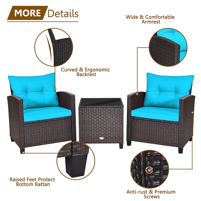 Gymax 3PCS Outdoor Patio Rattan Conversation Set w/ Coffee Table - See Details