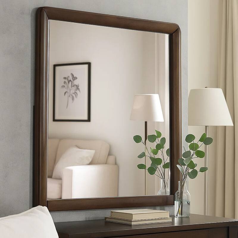 Cair Dresser Mirror, 32 Inch Rectangular Frame, Round Edges, Brown Wood
