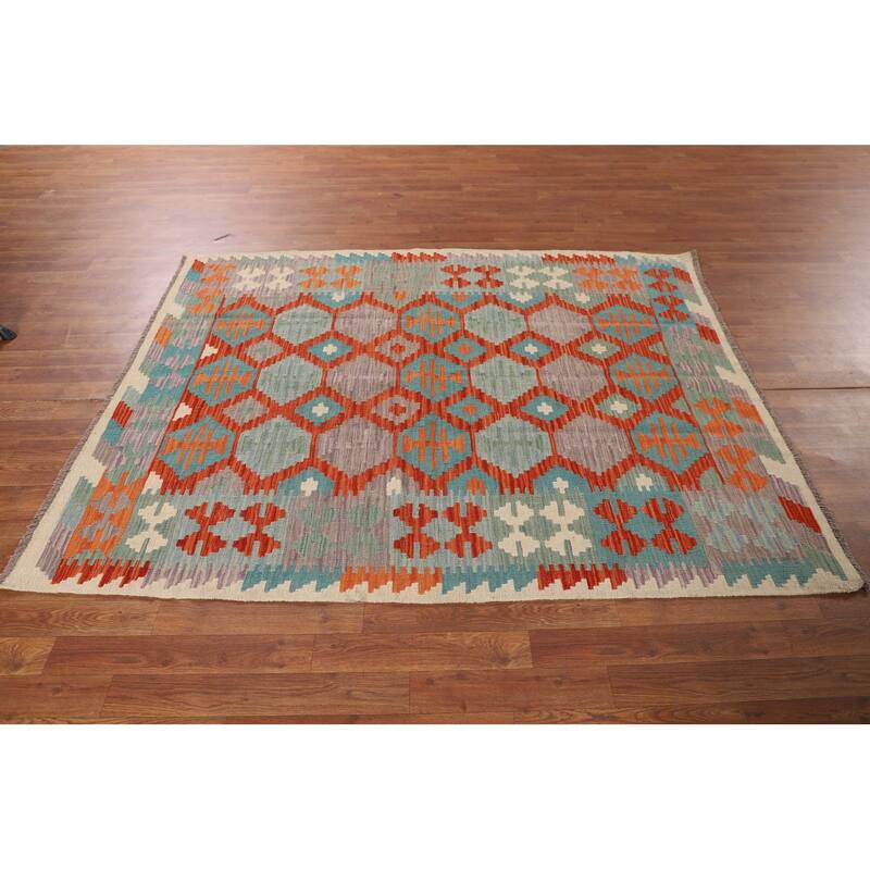 Kilim Reversible Oriental Area Rug Hand-Woven Multi-Color Wool Carpet - 5'0"x 6'4"