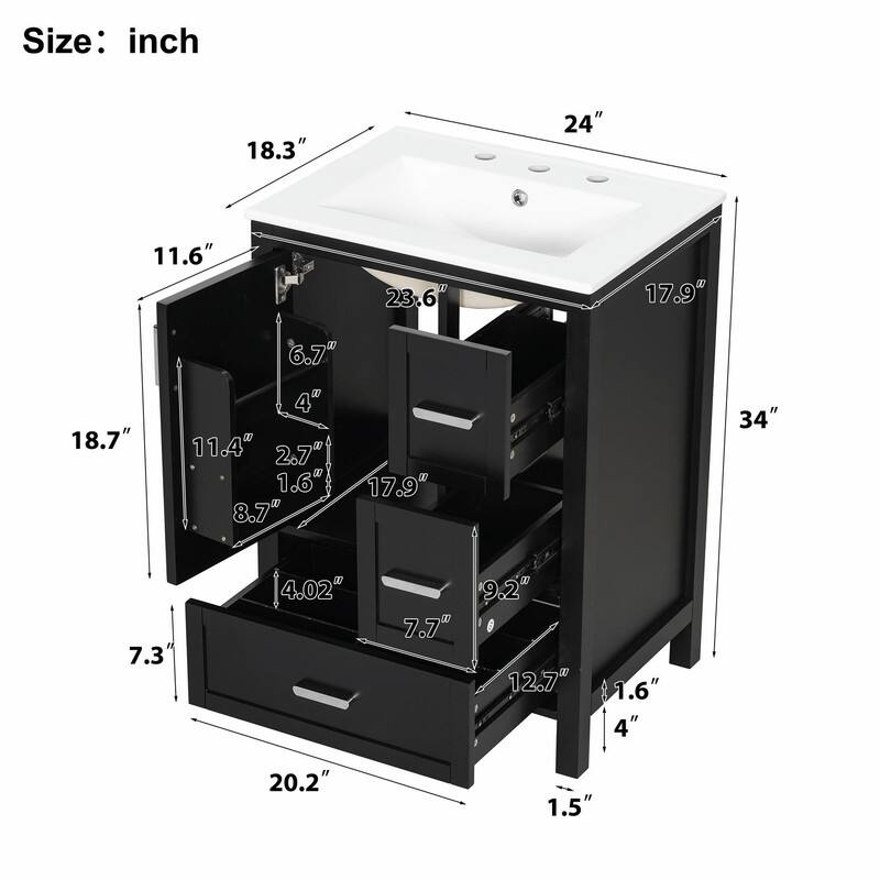24" Modern Bathroom Vanity with Ceramic Sink, Soft-Close Door, Double-Layer Door Shelf & 3 Drawers