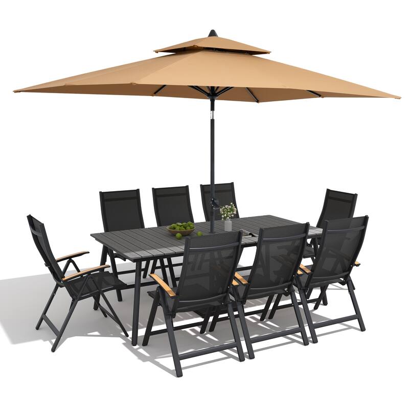 9/11-Piece Outdoor Aluminum Patio Dining Set w/10 ft Umbrella and Base, Rectangle Table and Folding Chairs