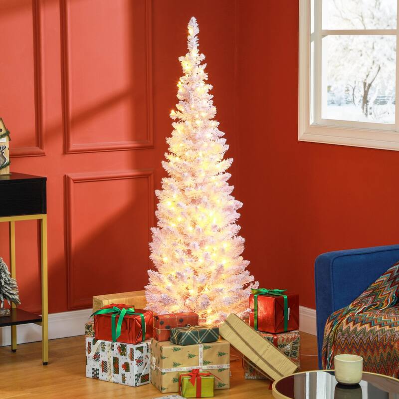 5' Tall Pre-Lit Slim Noble Fir Artificial Christmas Tree with 160 Warm White LED Lights and 294 Tips - Pink