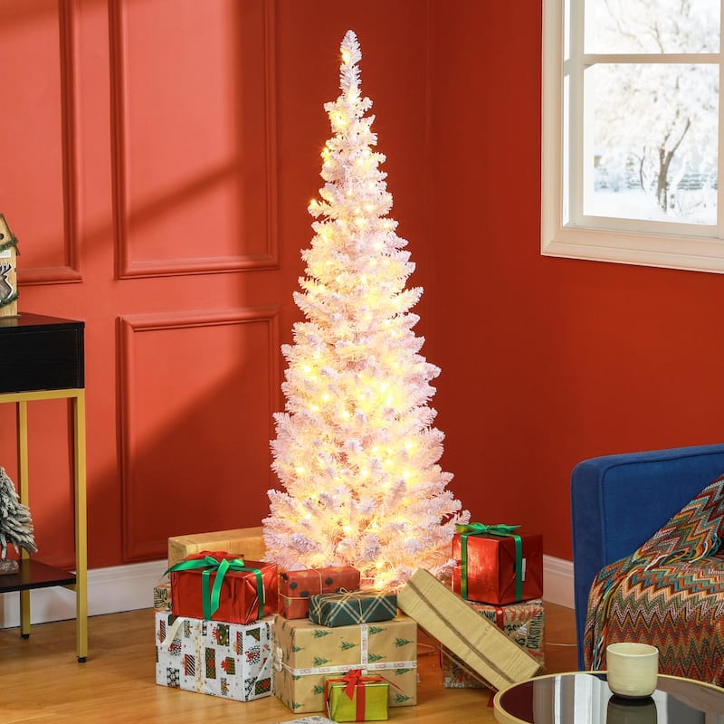 5ft Artificial Flocked Christmas Tree with Warm White LED Lights, Slim Design