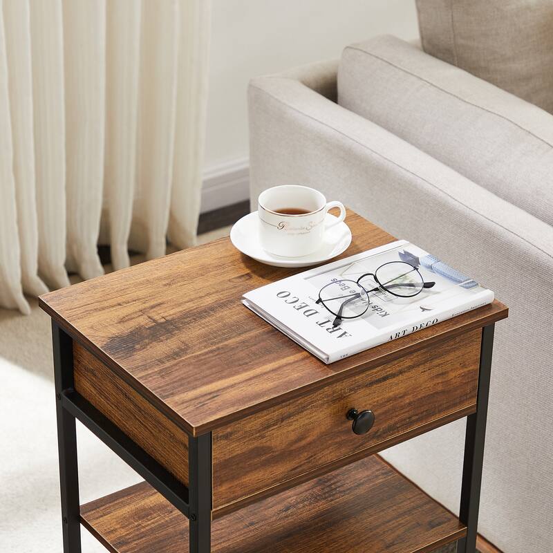27.5" Tall Nightstand with 1-Drawer and Open Storage Shelf, Metal Frame and Fence Sofa End Table (Set of 2)