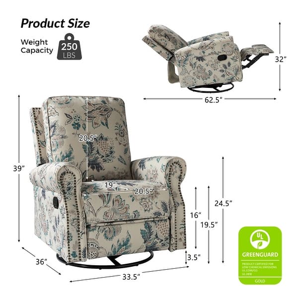 dimension image slide 2 of 13, Roderich Farmhouse Floral Print Swivel Rocker Recliner with Rolled Arms Set of 2 by HULALA HOME