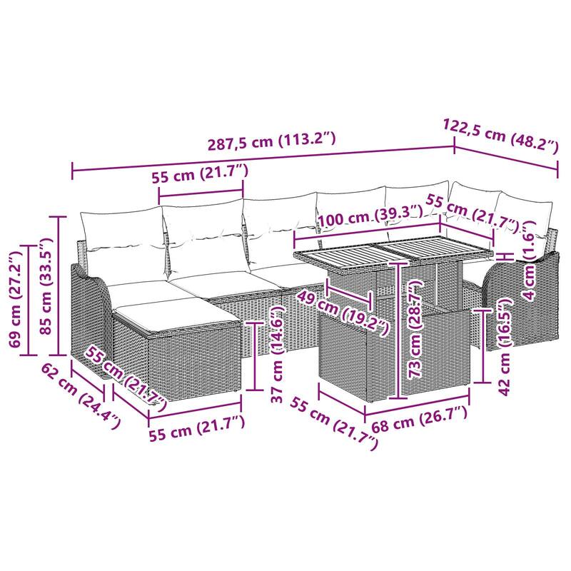 vidaXL 8 Piece Outdoor Sofa Set with Cushions - 113.2×48.2×27.2