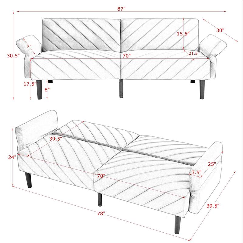 Convertible Futon Sofa Bed Couch,87" Inch Velvet Foam Futon,Modern Sleeper Sofa with Armrest for Living Room