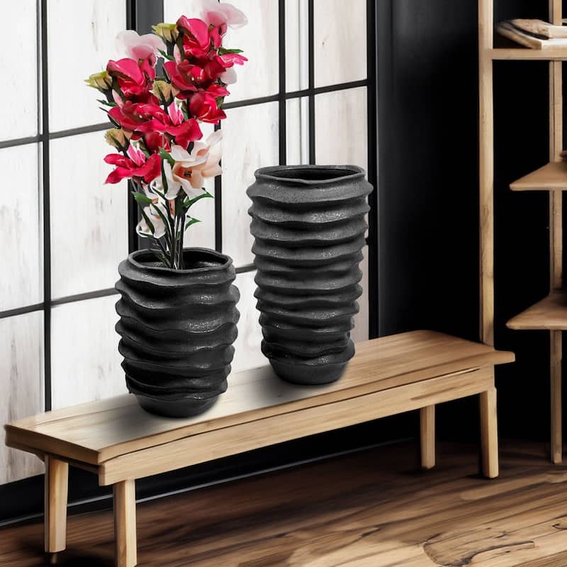 Black Ceramic Vase Set of Two with Large Modern Cylindrical Design