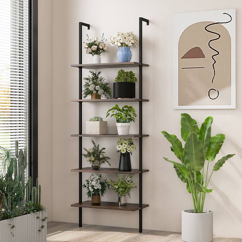Gymax 2 PCS 5 Tier Ladder Shelf 71'' Wall-Mounted Bookshelf Display