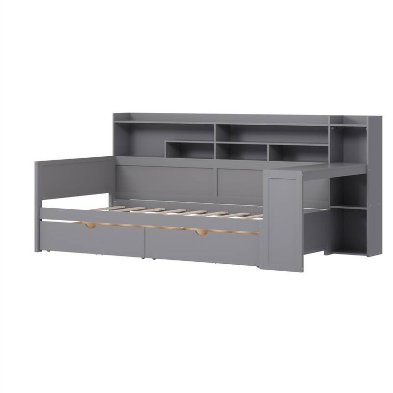 Twin/Full Size Daybed with 2 Storage Drawers and Study Desk, Wooden Multi-functional Sofa Bed Frame with Storage Shelves