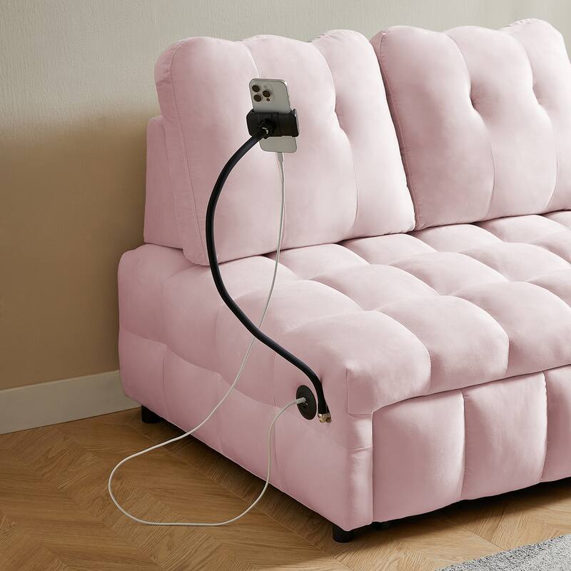 Modern pull-out velvet sofa bed with USB port and rotating phone holder