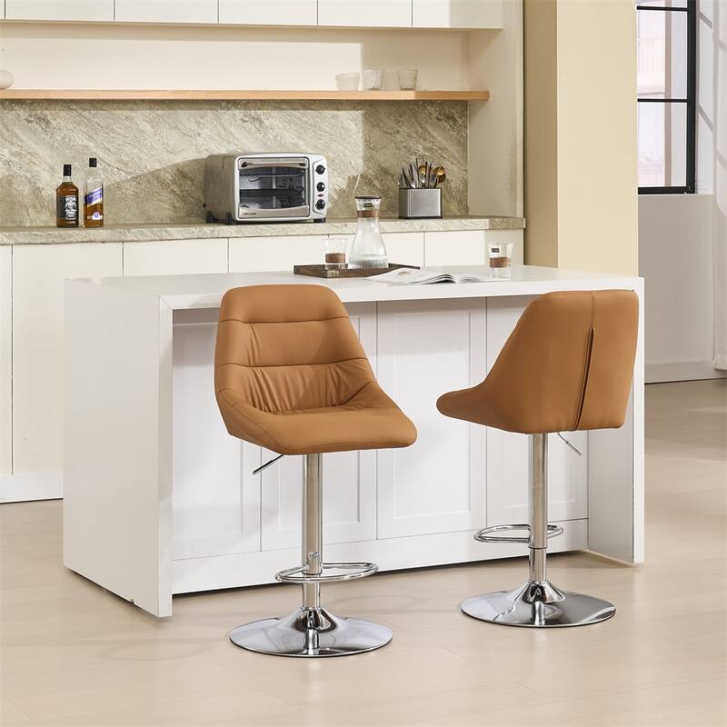 Set of 2 Bar Stools,w/Chrome Footrest & Base Swivel Height Adjustable - Brown