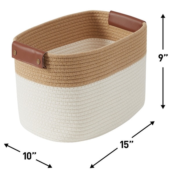 dimension image slide 0 of 5, 3 Pack Woven Cotton Rope Shelf Storage Basket with Leather Handles, Baby Nursery Storage Bin Organizers, Closet Shelf Storage