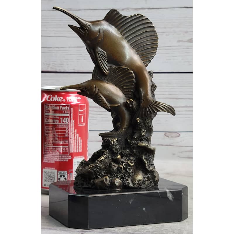 Marlins Sailfish Swordfish Jumping Out Of Ocean Bronze Sculpture Statue Decor On Marble Base
