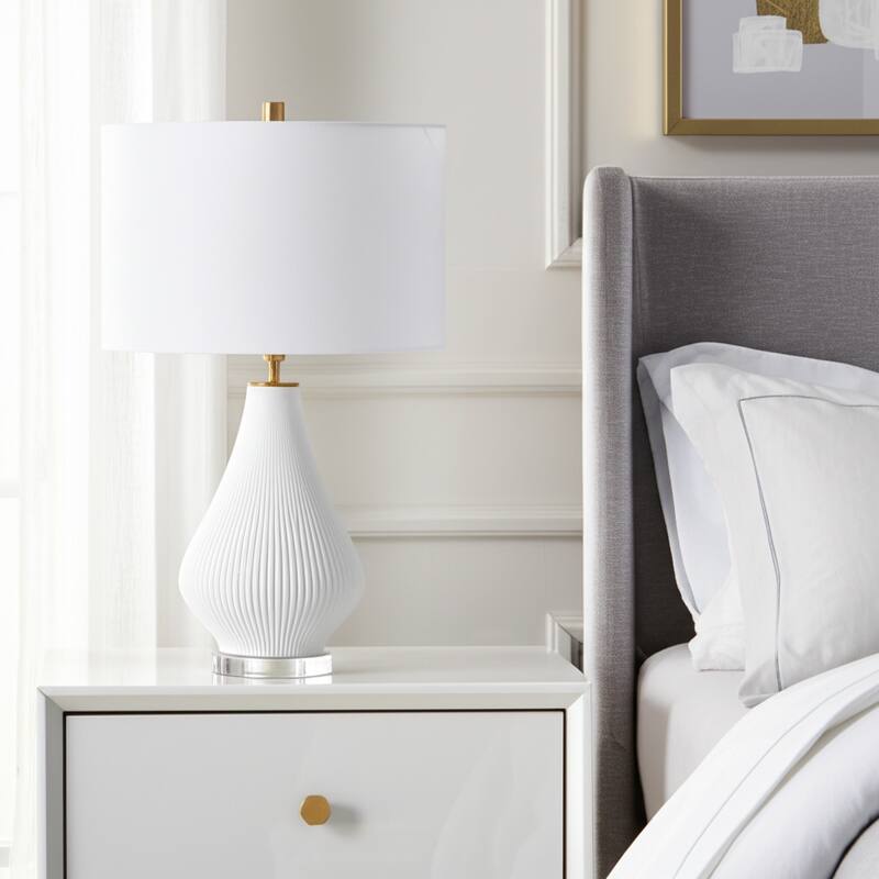 Stoneware Porcelain Table Lamp Ribbed Base Fabric Shade - 24" White - 15" x 15" x 24"