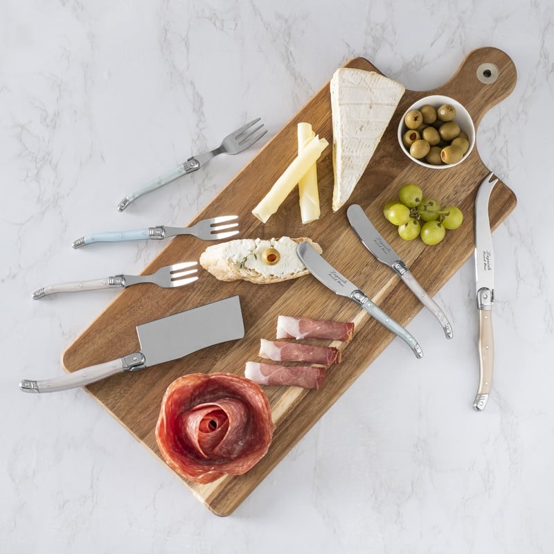French Home Laguiole Charcuterie Set in Mother of Pearl Colors with Wood Serving Board