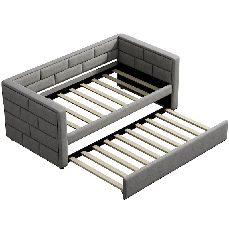 Twin Size Daybed with Trundle Bed, Upholstered Backrest, Wood Slat Support Frame