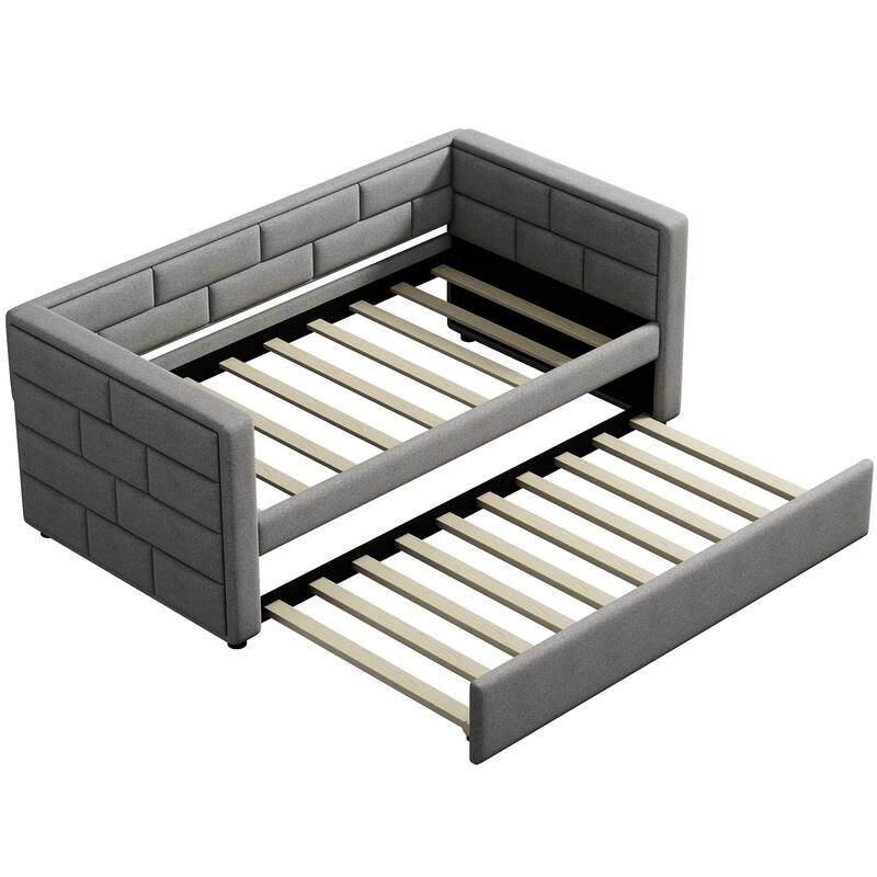 Twin Size Upholstered Daybed with Trundle and Padded Back, Perfect for Guests and Storage