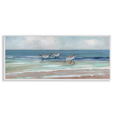 Stupell Panoramic Sandpipers Birds Shoreline Ocean Landscape Painting Framed Wall Art - Blue