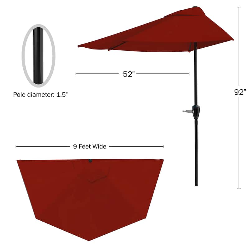 Pure Garden 9' Semi Circle Half Round Easy Crank Patio Umbrella - Red