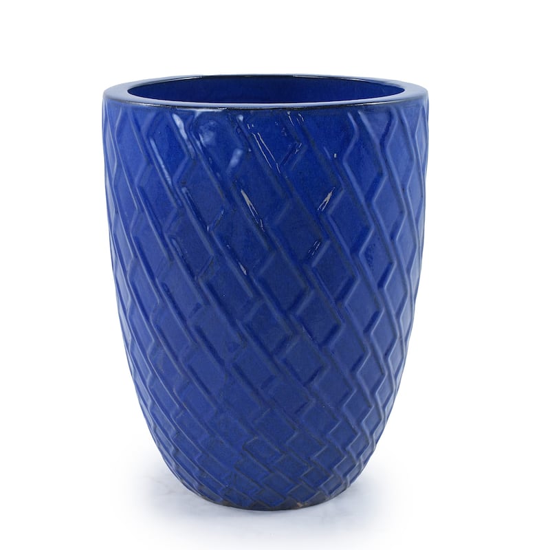 Dark Blue Striped Ceramic Planter 16.5 Inch Customizable Outdoor Indoor Flower Pot with Drainage