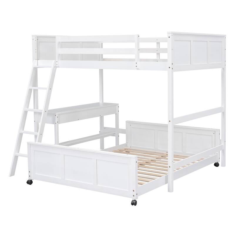 Space-Saving Twin Over Full Bunk Bed with Desk and Drawers - Solid Pine Construction, White/Grey