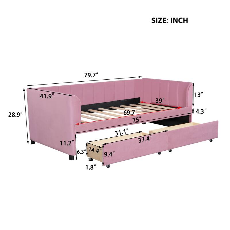 Twin Upholstered Daybed with Stripe Headboard, Ergonomic Backrest, and 2 Drawers for Storage, Ideal for Small Spaces