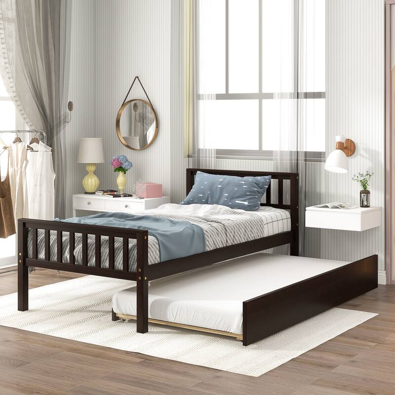 Twin Platform Bed Frame with Trundle, Headboard, and Footboard, No Box Spring Needed, Espresso - Espresso