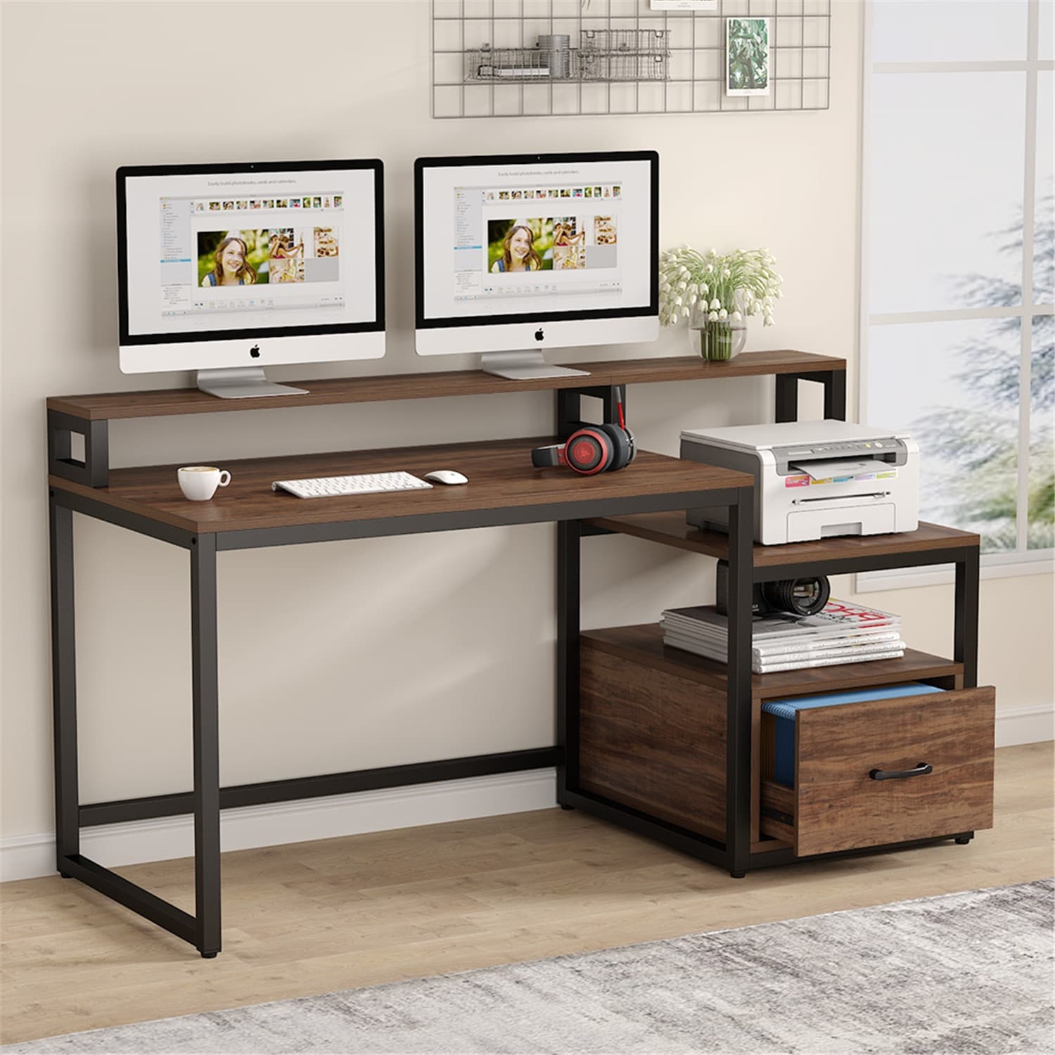 Computer Desk with File Drawer and Storage Shelves, Industrial Home Office  Desk with Hutch