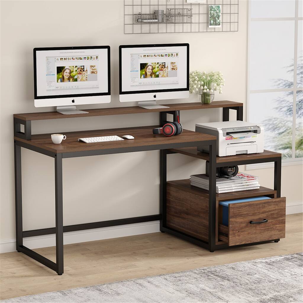 Computer Desk with File Drawer and Storage Shelves, Industrial Home Office Desk with Hutch