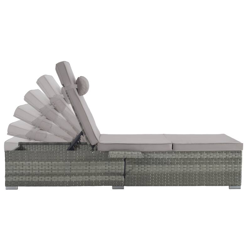 Outdoor Chaise Lounge Chair Set of 2 with Storage Patio Pool Chairs Tanning Lounges for Outside, Beach Rattan Recliners