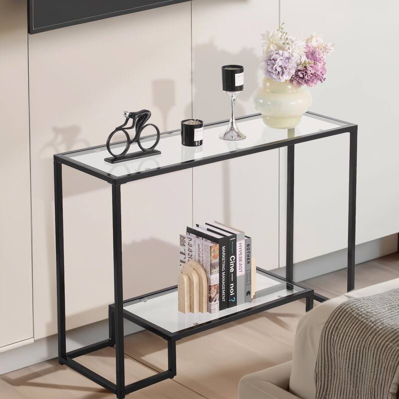 2-Tier Glass Console Table with Iron Legs for Living Room and Entryway - 42.1 x 14 x 29.7 in