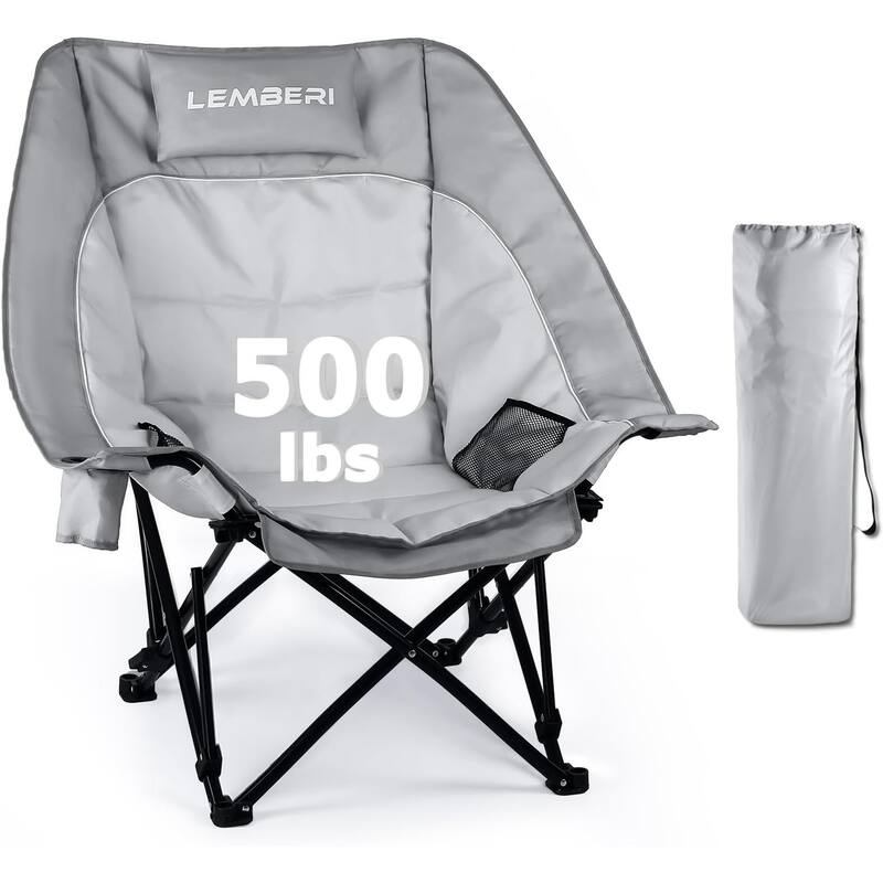 BOSSIN 500lbs Heavy Duty Camping Chair - Oversized Folding Outdoor Chair with Cup Holder, Side Pocket & Cooler Bag - Grey