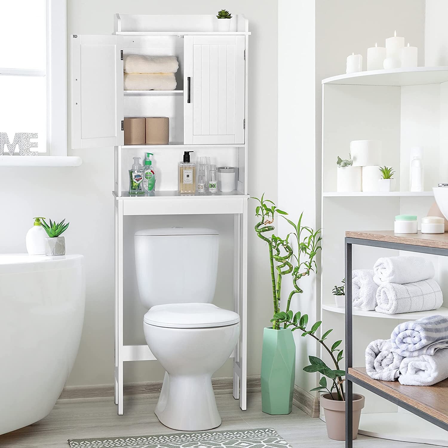 Over The Toilet Storage Organizer and Small Freestanding Cabinet W