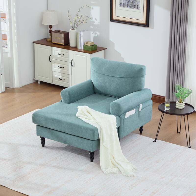 Chenille Fabric Chaise Lounge Arm Chair, Single Sofa Chair Sleeper Recliner - Mint Green
